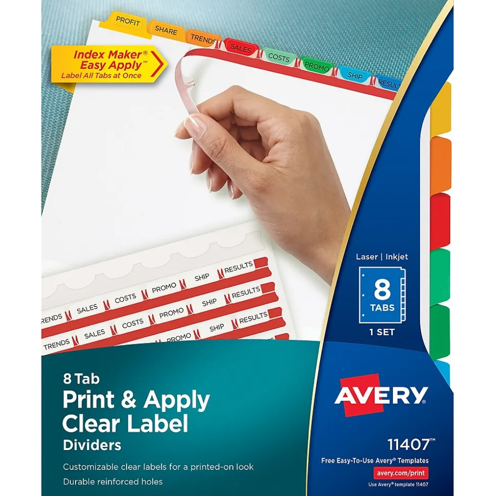 Avery Index Maker Paper Dividers with Print & Apply Label Sheets, 8 Tabs, Multicolor (11407)