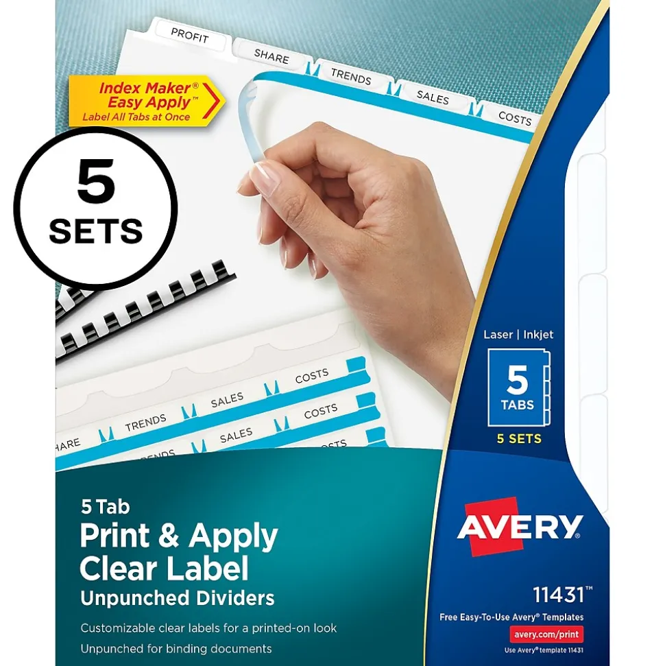 Avery Index Maker Paper Dividers with Print & Apply Label Sheets, 5 Tabs, White, 5 Sets/Pack (11431)