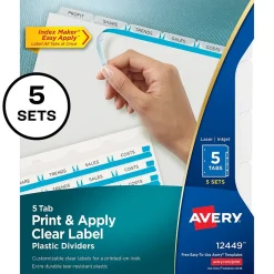Avery Index Maker Plastic Dividers with Print & Apply Label Sheets, 5 Tabs, Multicolor, 5 Sets/Pack (12449)