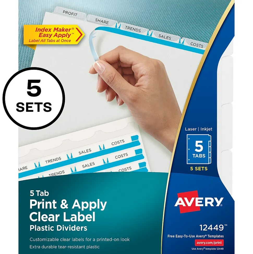 Avery Index Maker Plastic Dividers with Print & Apply Label Sheets, 5 Tabs, Multicolor, 5 Sets/Pack (12449)