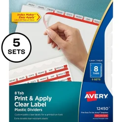 Avery Index Maker Plastic Dividers with Print & Apply Label Sheets, 5 Tabs, Frosted White, 5 Sets/Pack (12450)