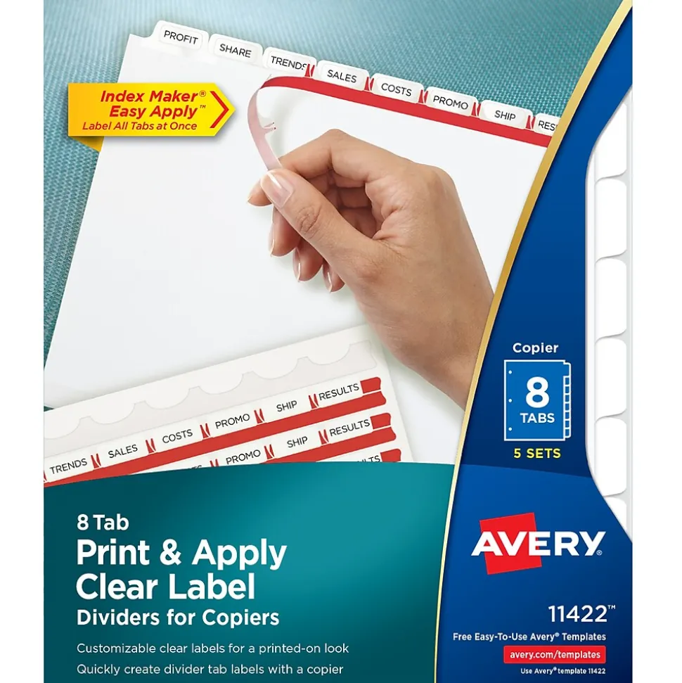 Avery Index Maker Print & Apply Label Paper Dividers for Copiers, 8 Tabs, White, 5 Sets/Pack (11422)