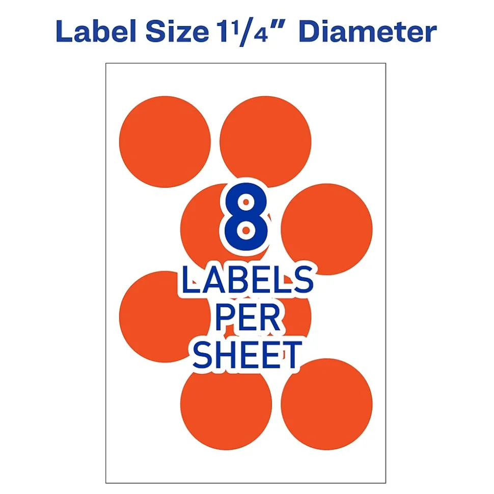 Avery Laser Color Coding Labels, 1 1/4" Dia., Neon Red, 8/Sheet, 50 Sheets/Pack (5497)
