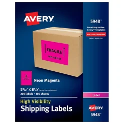 Avery Laser Shipping Labels, 5 1/2" x 8 1/2", Neon Magenta, 200 Labels/Box (5948)
