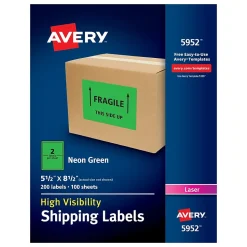 Avery Laser Shipping Labels, 5-1/2" x 8-1/2", Neon Green, 200 Labels/Box (5952)