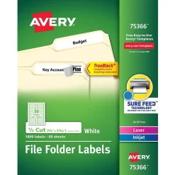 Avery Laser/Inkjet File Folder Labels, 2/3" x 3 7/16", White, 30/Sheet, 60 Sheets/Pack (75366)