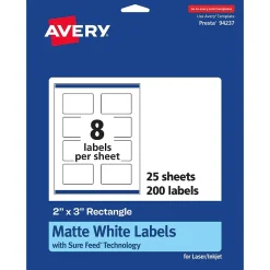 Avery Laser/Inkjet Rectangle Labels, 2" x 3", Matte White, 200 Labels/Pack (94327)
