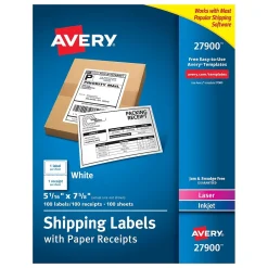 Avery Laser/Inkjet Shipping Labels with Paper Receipts, 5-1/16" x 7-5/8", White, 100 Labels/Box (27900)