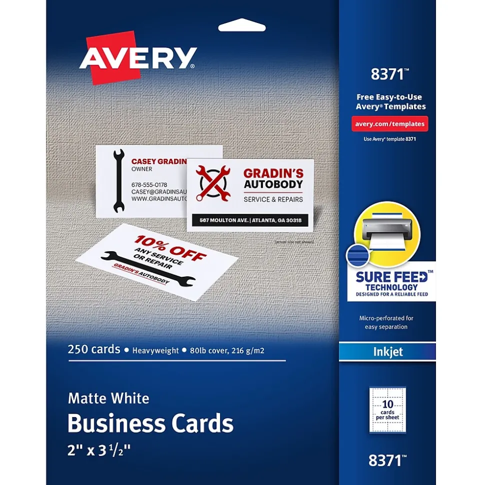Avery Microperforated Business Cards, 2" x 3 1/2", Matte White, 250 Per Pack (8371)