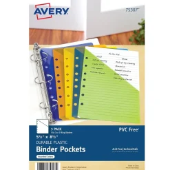Avery Mini Binder Pockets for 5 1/2" x 8 1/2" Paper, Assorted Colors, 5/Pack (75307)