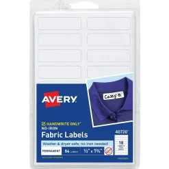Avery No-Iron Fabric Labels on 4" x 6" Sheets, 1/2" x 1-3/4", White, Non-Printable, 54 Labels/Pack (40720)