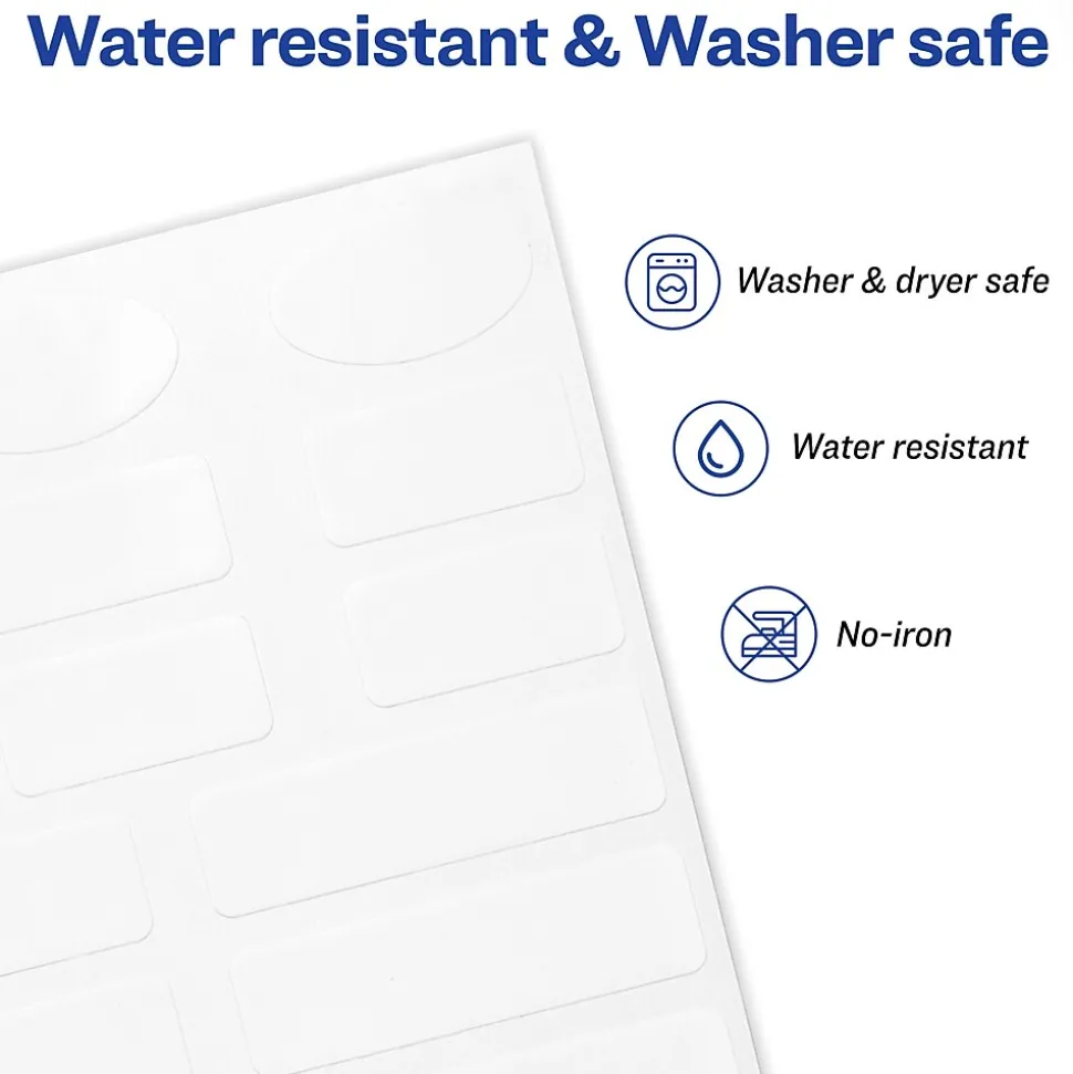 Avery No-Iron Fabric Labels on 4" x 6" Sheets, 1/2" x 1-3/4", White, Non-Printable, 54 Labels/Pack (40720)