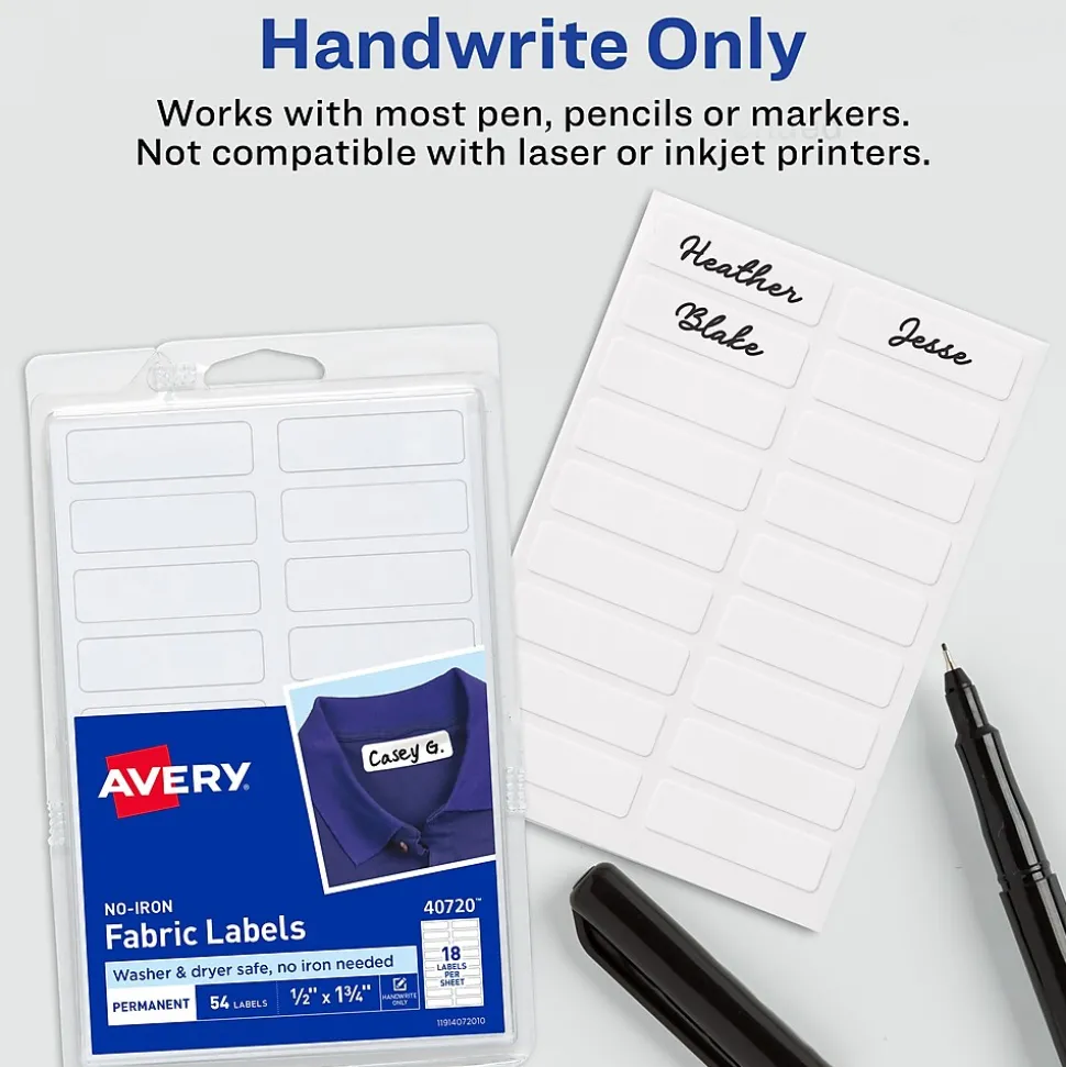 Avery No-Iron Fabric Labels on 4" x 6" Sheets, 1/2" x 1-3/4", White, Non-Printable, 54 Labels/Pack (40720)