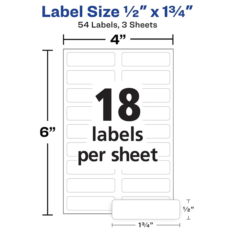 Avery No-Iron Fabric Labels on 4" x 6" Sheets, 1/2" x 1-3/4", White, Non-Printable, 54 Labels/Pack (40720)
