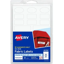 Avery No-Iron Fabric Labels, Assorted Shapes and Sizes, White, Non-Printable, 45 Labels/Pack (40700)