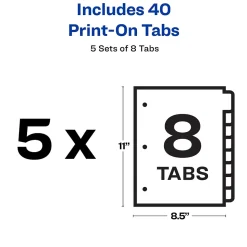 Avery Print-On Paper Dividers, 8 Tabs, White, 5 Sets/Pack (11552)