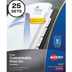 Avery Print-On Paper Dividers, 5 Tabs, White, 25 Sets/Pack (11517)