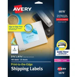 Avery Print-to-the-Edge Color Laser Shipping Labels, 3-3/4" x 4-3/4", White, 100 Labels/Pack (6878)