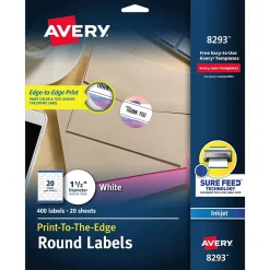 Avery Print-to-the-Edge Inkjet Round Labels, 1 1/2" Dia, White, 400 Labels/Pack (8293)
