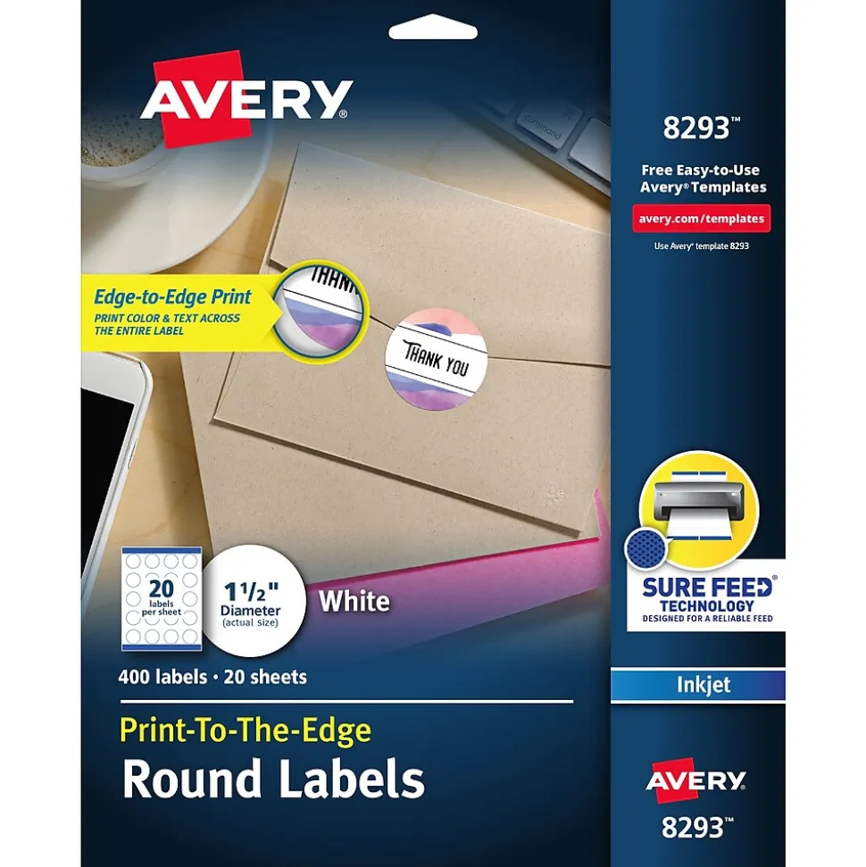 Avery Print-to-the-Edge Inkjet Round Labels, 1 1/2" Dia, White, 400 Labels/Pack (8293)