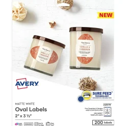 Avery Print-to-the-Edge Laser/Inkjet Oval Labels, 2" x 3-1/3", White, 200 Labels/Pack (22570)