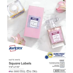 Avery Print-to-the-Edge Laser/Inkjet Square Labels, 1 1/2" x 1 1/2", White, 600 Labels/Pack (22805)
