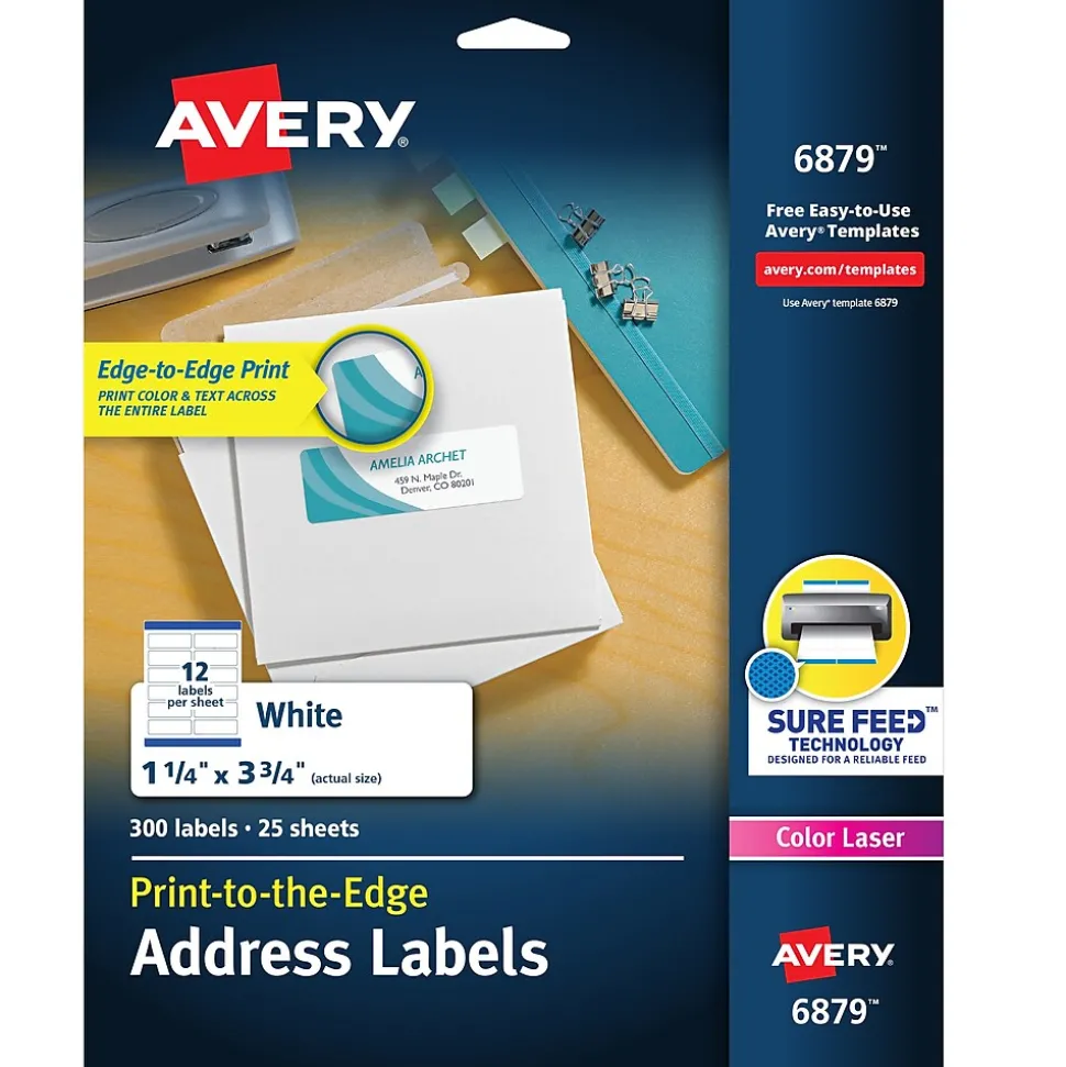 Avery Print-to-the-Edge Laser/Copier Shipping Labels, 1-1/4" x 3-3/4", White, 300 Labels/Pack (6879)