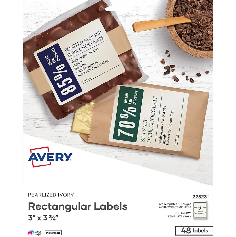 Avery Print-to-the-Edge Laser/Inkjet Rectangle Labels, 3" x 3 3/4", Pearlized Ivory, 48 Labels/Pack (22823)