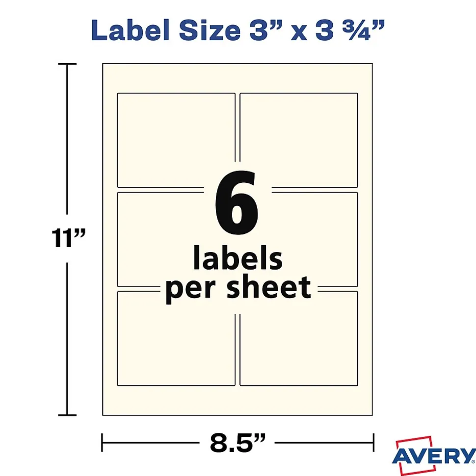 Avery Print-to-the-Edge Laser/Inkjet Rectangle Labels, 3" x 3 3/4", Pearlized Ivory, 48 Labels/Pack (22823)