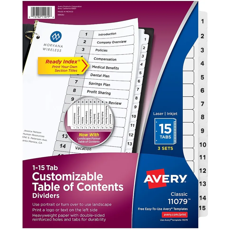 Avery Ready Index Customizable Table Of Contents Preprinted Paper Dividers, 15-Tab, White, 3 Sets/Pack (11079)