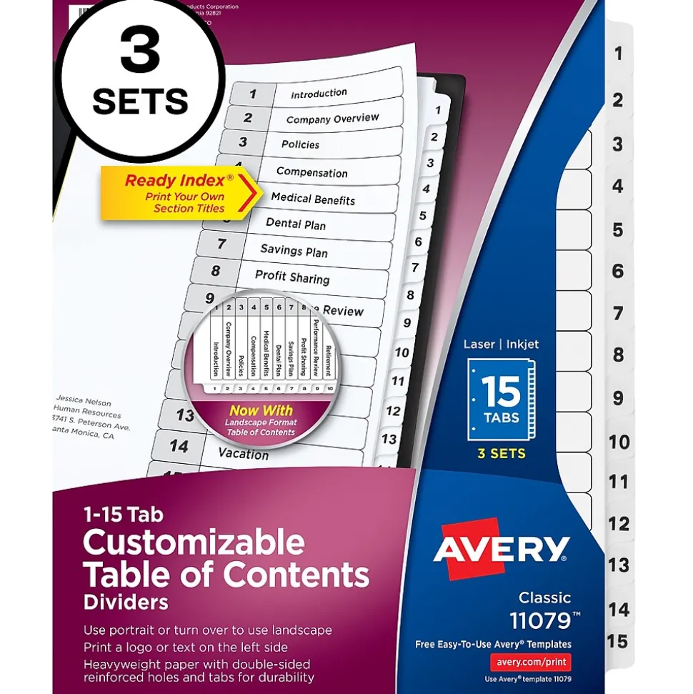 Avery Ready Index Customizable Table Of Contents Preprinted Paper Dividers, 15-Tab, White, 3 Sets/Pack (11079)