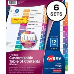 Avery Ready Index Numeric Paper Dividers, 12-Tab, Multicolor, 6/Pack (11196)