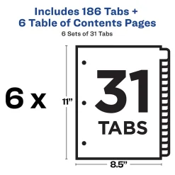 Avery Ready Index Table of Contents Paper Dividers, 1-31 Tabs, Multicolor, 6 Sets/Pack (11831)