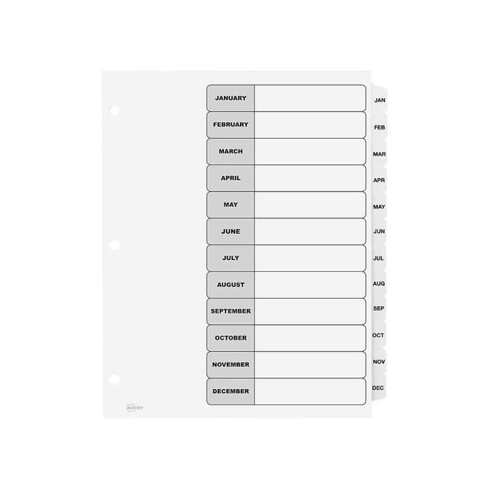 Avery Ready Index Table of Contents Paper Dividers, Jan-Dec Tabs, White, 6 Sets/Pack (11826)