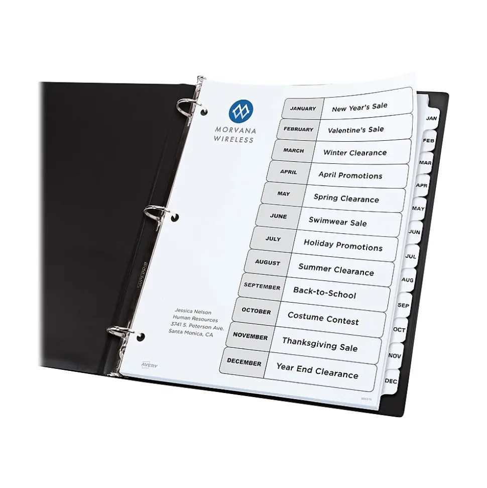 Avery Ready Index Table of Contents Paper Dividers, Jan-Dec Tabs, White, 6 Sets/Pack (11826)
