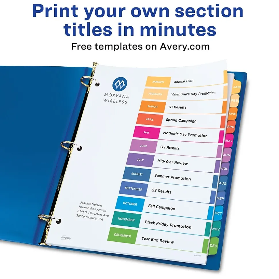 Avery Ready Index Table of Contents Pre-Printed Monthly Paper Divider, Jan-Dec, Multicolor, 6 Sets (11830)