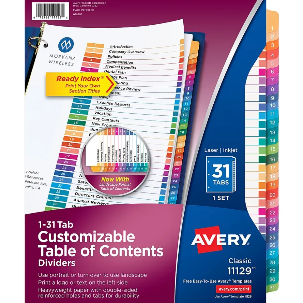 Avery Ready Index Table of Contents Pre-Printed Numeric Paper Divider, 31 Tabs, Multicolor, 1 Set (11129)