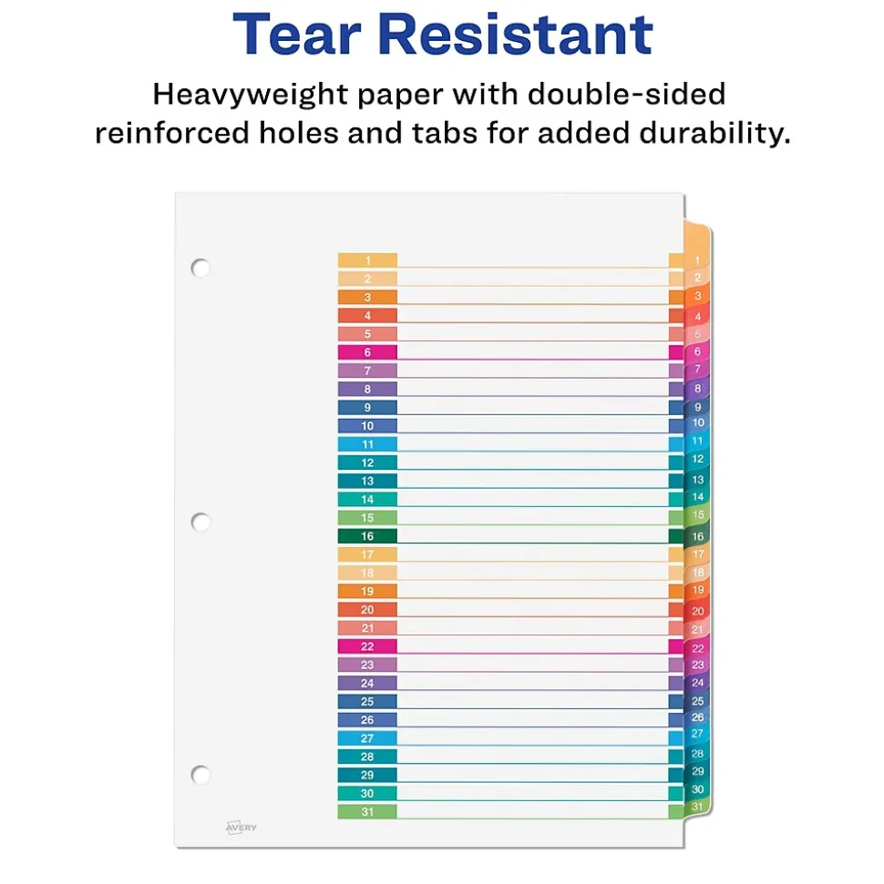 Avery Ready Index Table of Contents Pre-Printed Numeric Paper Divider, 31 Tabs, Multicolor, 1 Set (11129)