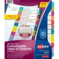 Avery Ready Index Table of Contents Paper Dividers, 1-12 Tabs, Contemporary Multicolor (11847)