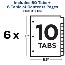 Avery Ready Index Table of Contents Paper Dividers, 1-10 Tabs, Multicolor, 6 Sets/Pack (11188)
