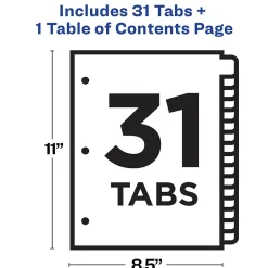 Avery Ready Index Table of Contents Pre-Printed Numeric Paper Divider, 31 Tabs, White, 1 Set (11128/RI21331C)
