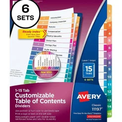Avery Ready Index Table of Contents Paper Dividers, 1-15 Tabs, Multicolor, 6 Sets/Pack (11197)