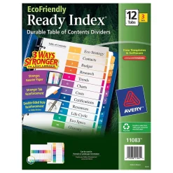 Avery Ready Index Table of Contents EcoFriendly Paper Dividers, 1-12 Tabs, Multicolor, 3 Sets/Pack (11083)