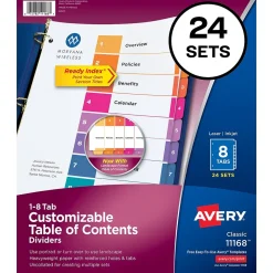Avery Ready Index Table of Contents Paper Dividers, 1-8 Tabs, Multicolor, 24 Sets/Box (11168)