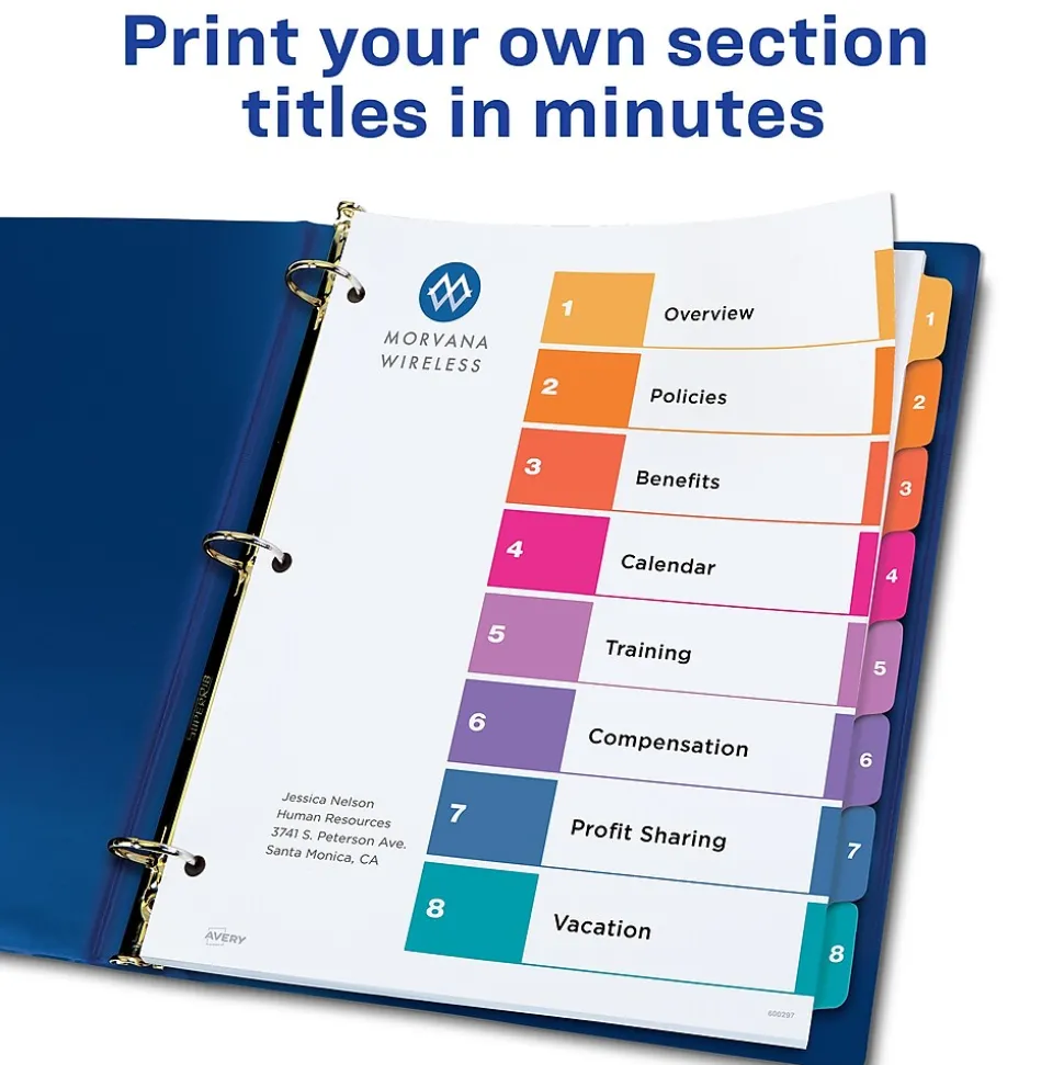 Avery Ready Index Table of Contents Paper Dividers, 1-8 Tabs, Multicolor, 24 Sets/Box (11168)