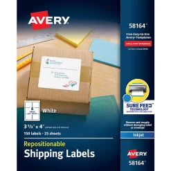 Avery Repositionable Inkjet Shipping Labels, 3-1/3" x 4", White, 150 Labels/Pack (58164)