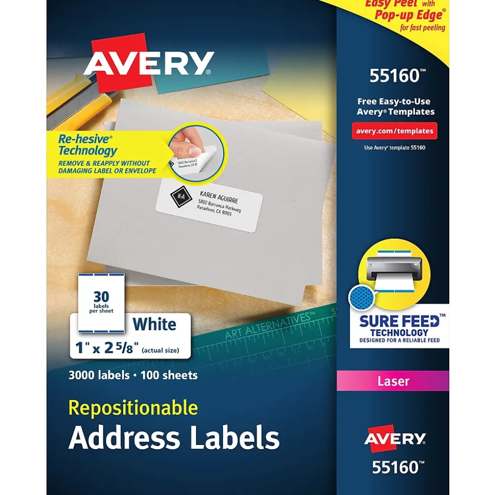 Avery Repositionable Laser Address Labels, 1" x 2-5/8", White, 3,000 Labels/Box (55160)