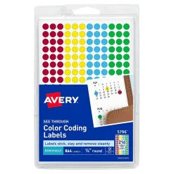 Avery See-Through Color Coding Labels, 1/4" Diameter, Translucent Assorted Colors, 864 Labels/Pack (5796)