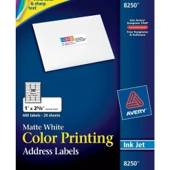 Avery Sure Feed Inkjet Address Labels, 1" x 2-5/8", White, 600 Labels/Pack (8250)
