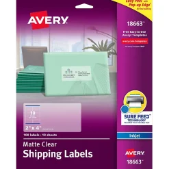 Avery Sure Feed Inkjet Shipping Labels, 2" x 4", Clear, 10 Labels/Sheet, 100 Labels/Pack (18663)